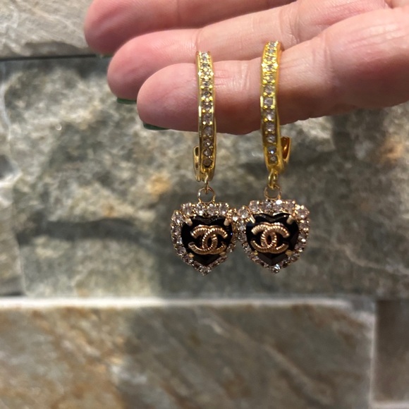 Gold-Tone Heart Drop Earrings with Black Enamel and Crystals - Picture 2 of 5